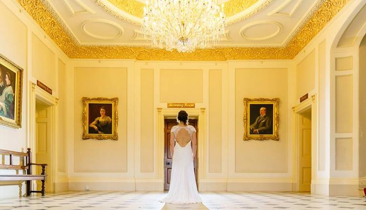 Bride standing in Upton House elegant drawing room, chandelier and paintings.