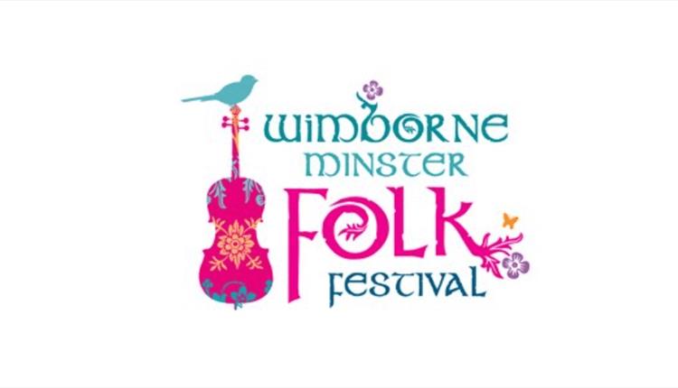 Wimborne Folk Festival logo in pink and turquoise