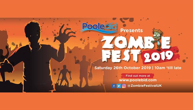 Orange background with cartoon zombies in front and information about the event