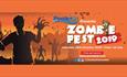 Orange background with cartoon zombies in front and information about the event
