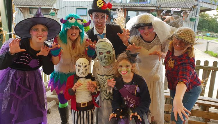 A group of kids dressed up in spooky Halloween fancy dress.