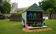 beach hut cafe display in-front of Christchurch priory