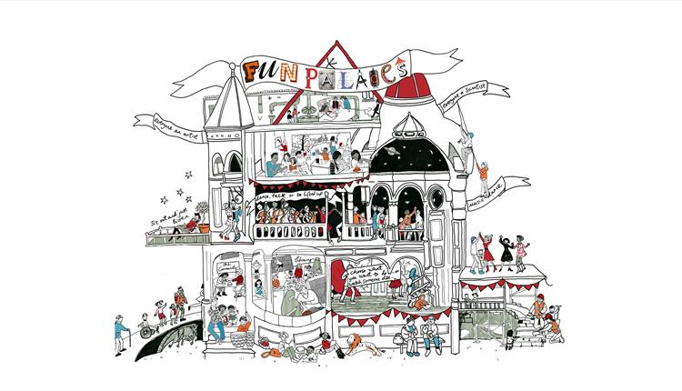 Illustration of the 'fun palace' cartooned as a house full of people