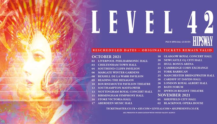 Level 42 advert banner, woman looking to left and hair looks like rays of sun, lilac background with list of upcoming concert dates