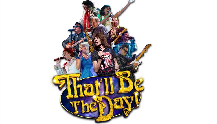 group of rock and pop star singers singing in bright colours with that'll be the day logo in the front