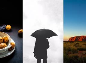 Composite image featuring some potatoes, a man with an umbrella, and Ayers Rock (Uluru)