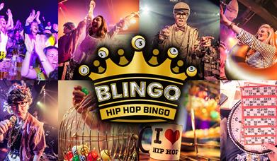 Composite image with lots of photos showing people enjoying Hip Hop Bingo