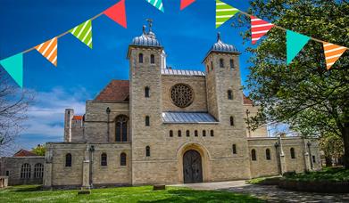 Photograph of Portsmouth Cathedral overlaid with an illustration of bunting