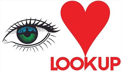 Poster for Look Up Portsmouth, featuring a My Dog Sighs 'eye' and a red heart