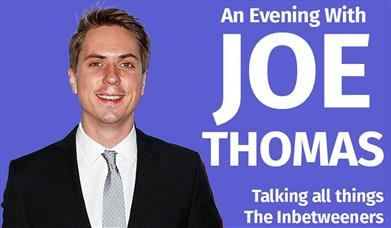 Poster for An Evening With Joe Thomas, featuring the actor/comedian in a suit against a purple background