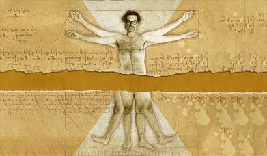 Poster for Vitruvian Mango by Marcus Brigstocke, showing the comedian looking like Da Vinci's Vitruvian Man illustration