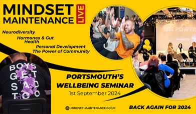 Poster for the Mindset Maintenance event at Portsmouth Guildhall, featuring speakers at previous seminars.