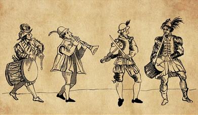 Illustration showing people in Tudor clothing playing instruments from the period