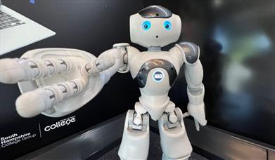 A robot on display aboard the Tech Truck