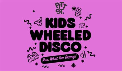 Pink poster for the Kids Wheeled Disco at Pitt St Skate Park