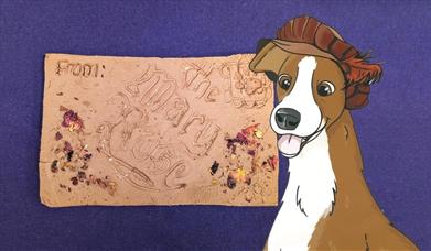 Illustration of Hatch, the Mary Rose dog, with a craft activity item made at the museum