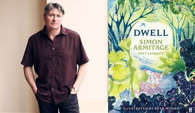 Poet Simon Armitage next to a copy of his new book Dwell.