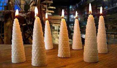 Beeswax candles displayed at The Mary Rose museum in Portsmouth