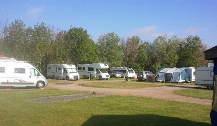 Touring caravans and motorhomes lined up at Kingfisher Caravan Park