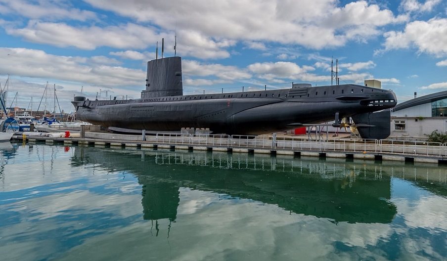 The exterior of HMS Alliance at The Royal Navy Submarine Museum