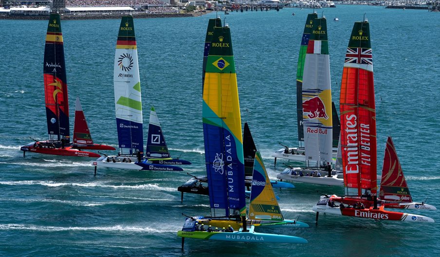 SailGP foiling catamarans sailing during a race