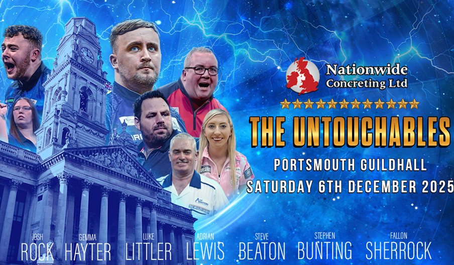 Poster for A Night at the Darts 2025 at Portsmouth Guildhall, featuring some of those who will be competing