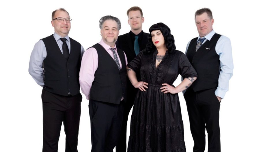 Press shot for Davina and the Vagabonds, featuring the five members of the band against a white background