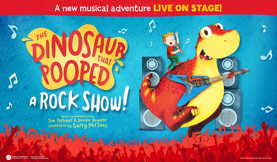 A cartoon drawing of a boy stood on a yellow and red dinosaur which is playing a guitar.