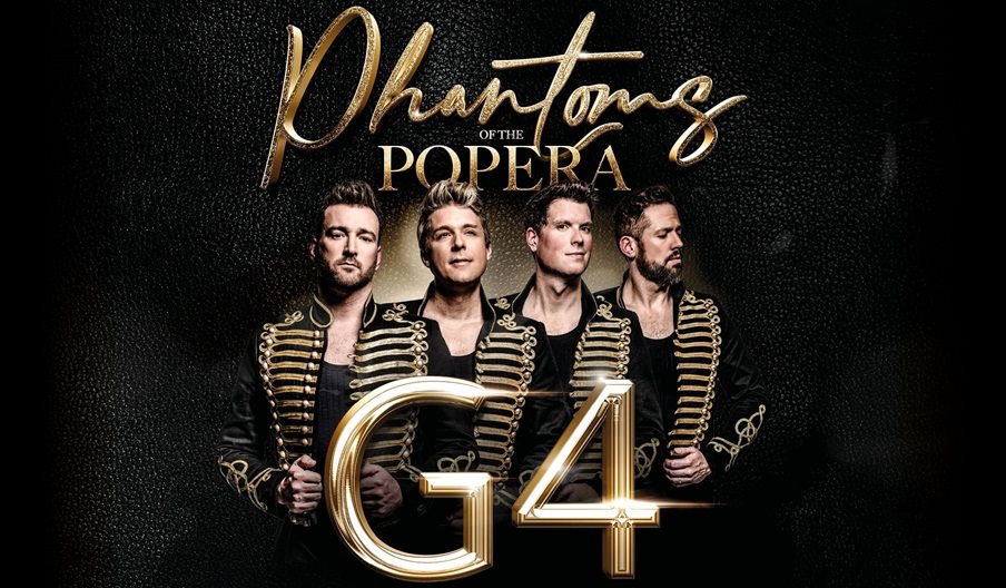 Four members of G4 wearing black and gold troubadour coat against a black background.