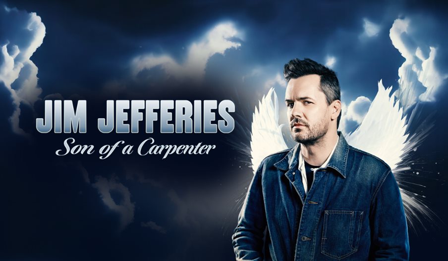 Poster for the Son of a Carpenter by Jim Jefferies, showing the comedian with angel wings