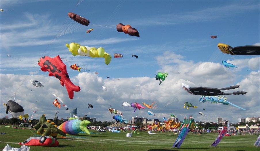 Photograph of kites in the air above Southsea Common for the Portsmouth International Kite Festival