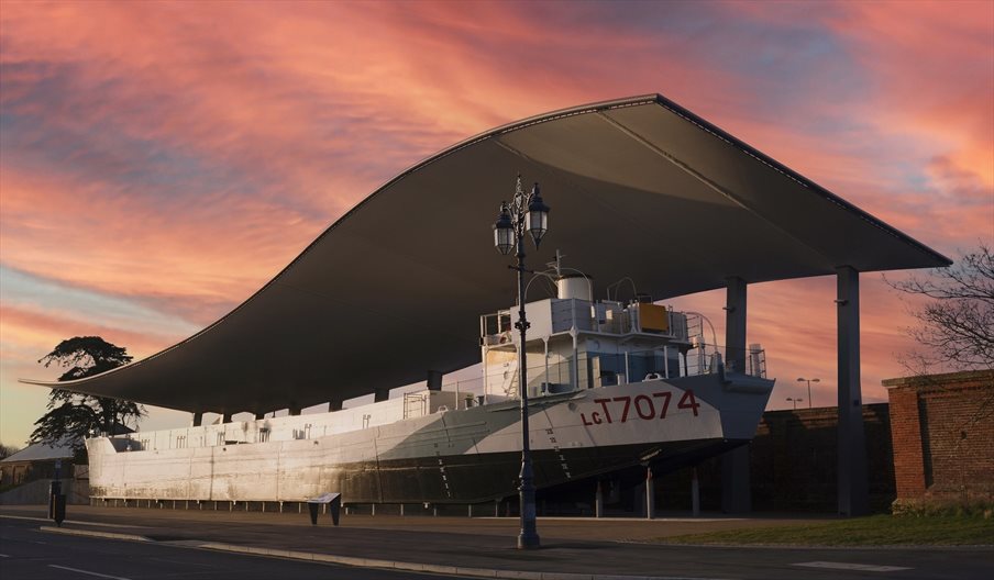 LCT 7074 outside The D-Day Story at sunset