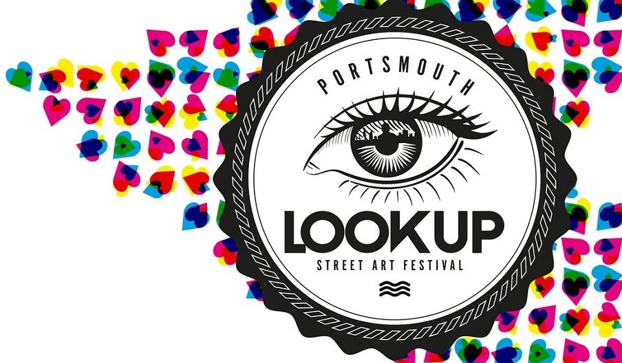 Poster for Look Up Portsmouth, featuring a My Dog Sighs 'eye' surrounded by colourful hearts