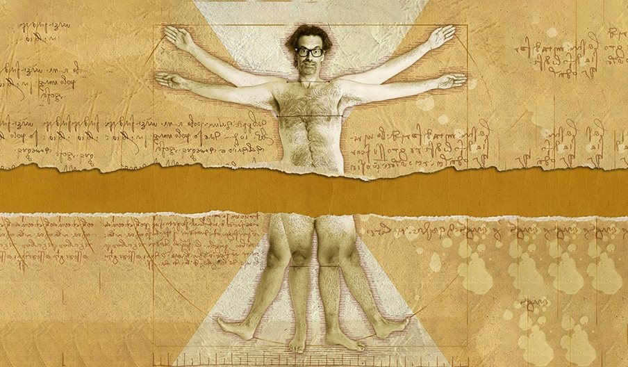 Poster for Vitruvian Mango by Marcus Brigstocke, showing the comedian looking like Da Vinci's Vitruvian Man illustration