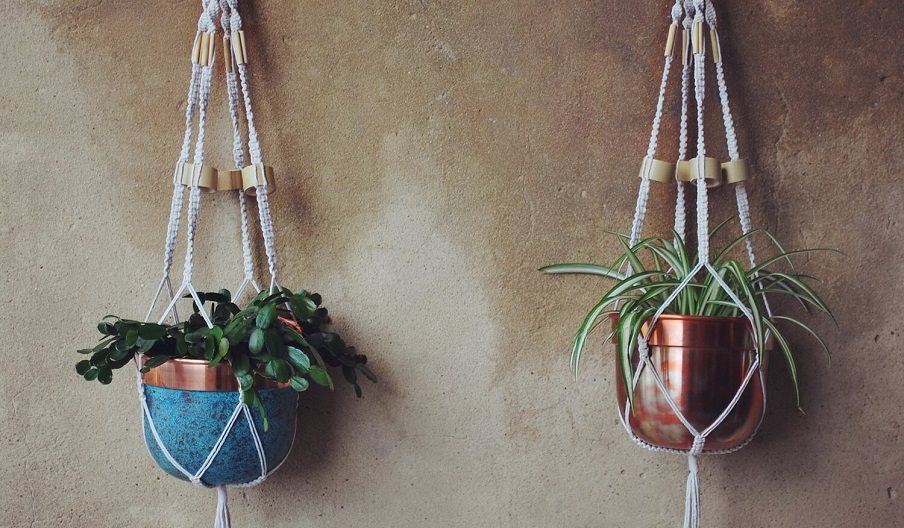 Photograph of two Macrame Pot Hangers on a wall