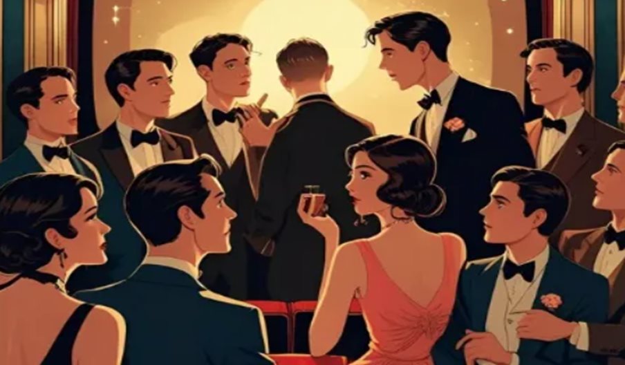 Cartoon showing two women and a number of men in dinner jackets.