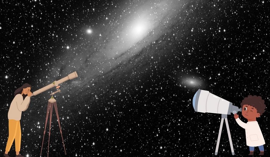 A cartoon-style image showing two people looking up to space through telescopes.