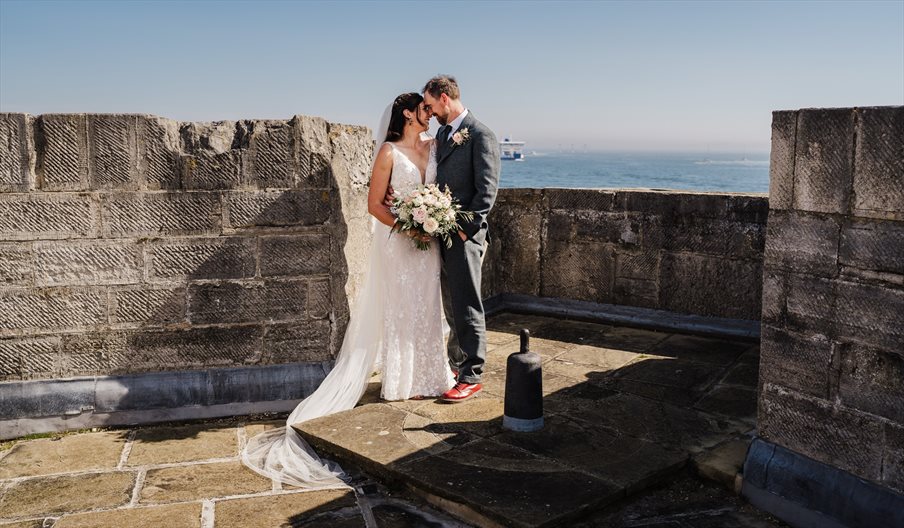 A newlywed couple at the Square Tower