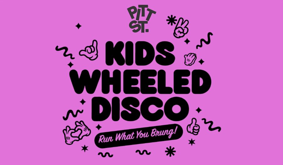 Pink poster for the Kids Wheeled Disco at Pitt St Skate Park