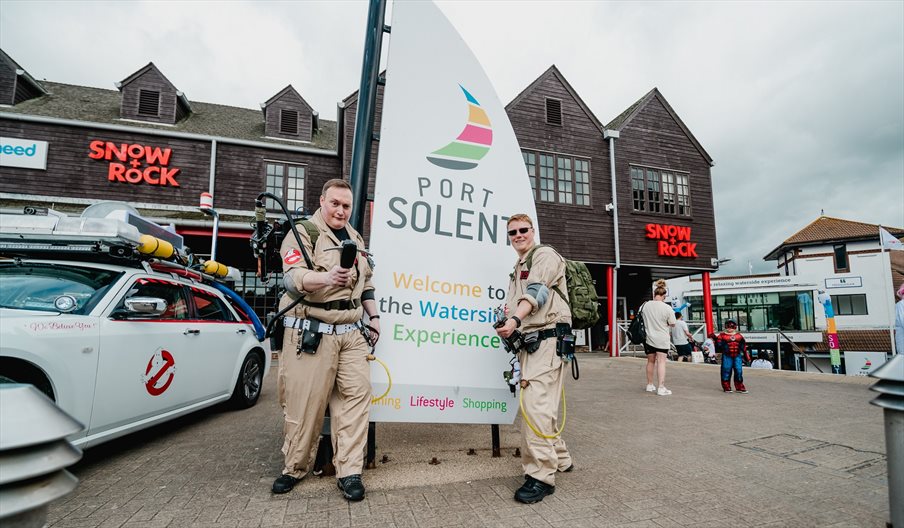 Two people dressed as Ghostbusters at the Port Solent Comic Con