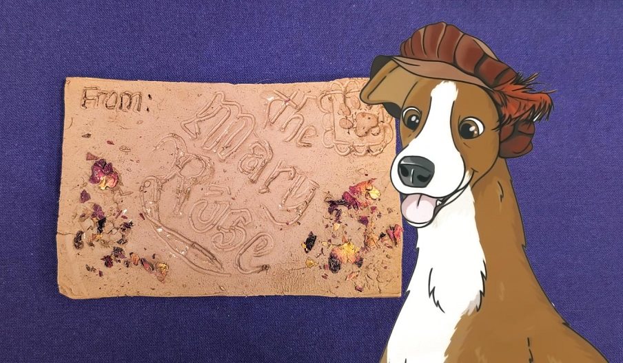 Illustration of Hatch, the Mary Rose dog, with a craft activity item made at the museum