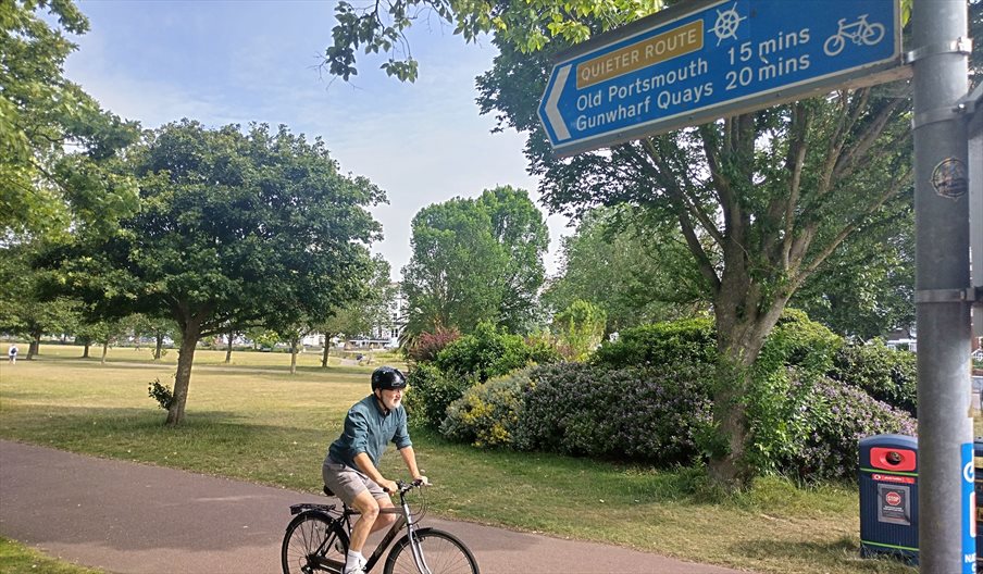 Photograph of a person cycling a part of the Shipwright's Way in Portsmouth