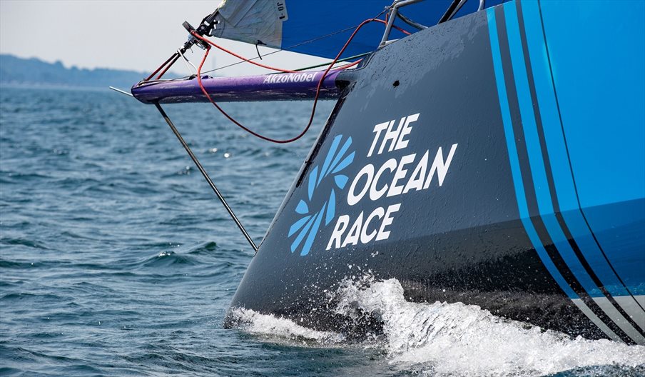 A boat taking part in The Ocean Race, emblazoned with the race livery, copyright Ainhoa Sanchez - The Ocean Race