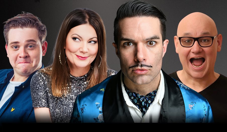 Three male and one female comedians performing for Portsmouth XL Comedy Club - Troy Hawke, Terry Alderton, Fiona Allen and Ollie Horn.