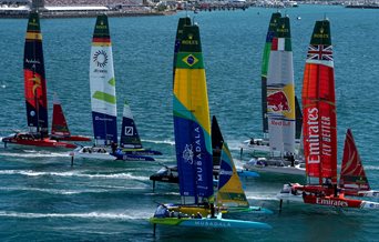 SailGP foiling catamarans sailing during a race