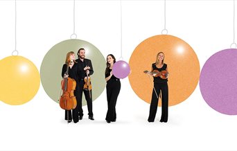 Members of the Bournemouth Symphony Orchestra with their instruments and a background of Christmas baubles