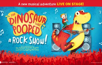 A cartoon drawing of a boy stood on a yellow and red dinosaur which is playing a guitar.