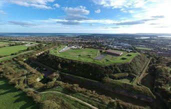 Aerial photograph of the fort, looking out from Portsdown Hill to Portsmouth and beyond