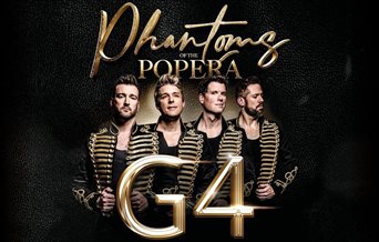 Four members of G4 wearing black and gold troubadour coat against a black background.