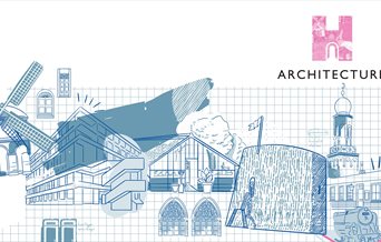 Blue and white illustration of Architecture for Heritage Open Days 2025